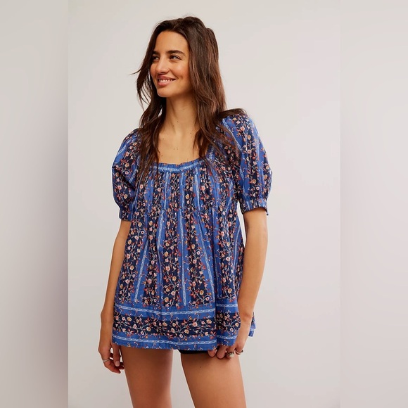 Free People Vintage Lover Blouse in Dutch Blue Combo - Size S - Picture 1 of 8